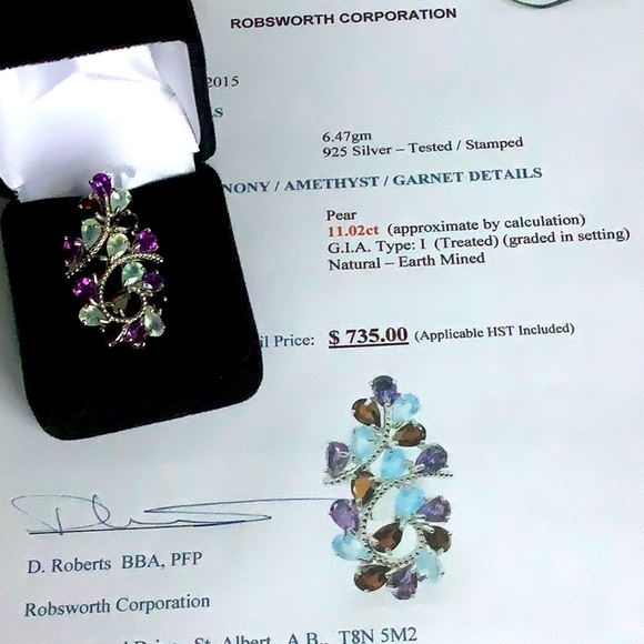 Natural Chalcedony Amethyst & Garnet gemstone sterling statement ring size 6.75 - Picture 6 of 6